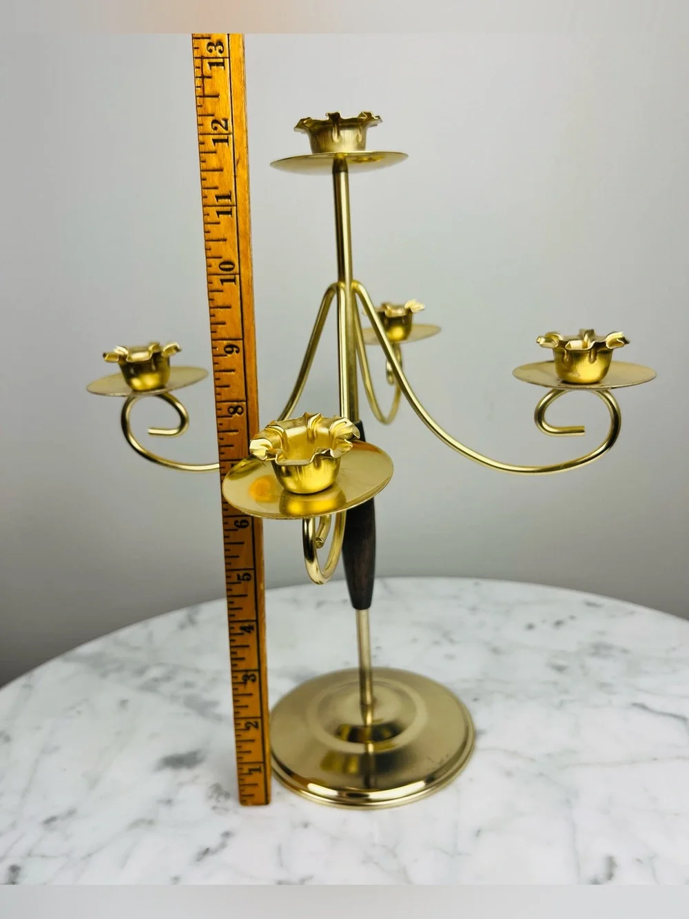Vintage MCM Mid-Century Modern Brass & Wood Five-Arm Candelabra